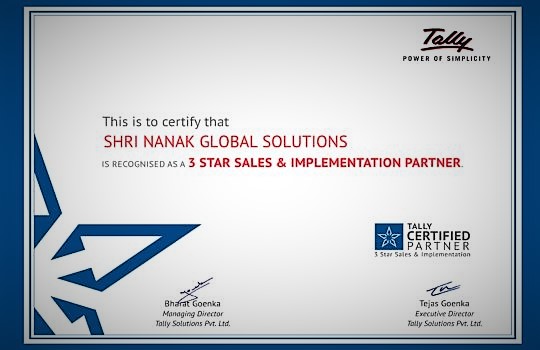 Tally 3 star sales and implementation partner certificate